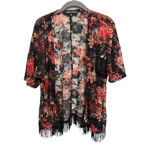 Almost Famous Womens Black Sheer Floral Fringe Open Cover Up Top Festival Size L